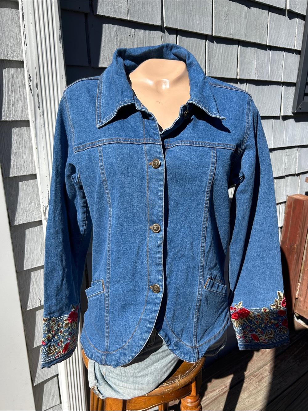 Denim&Co Blue Embroidered Cuff Jean Jacket